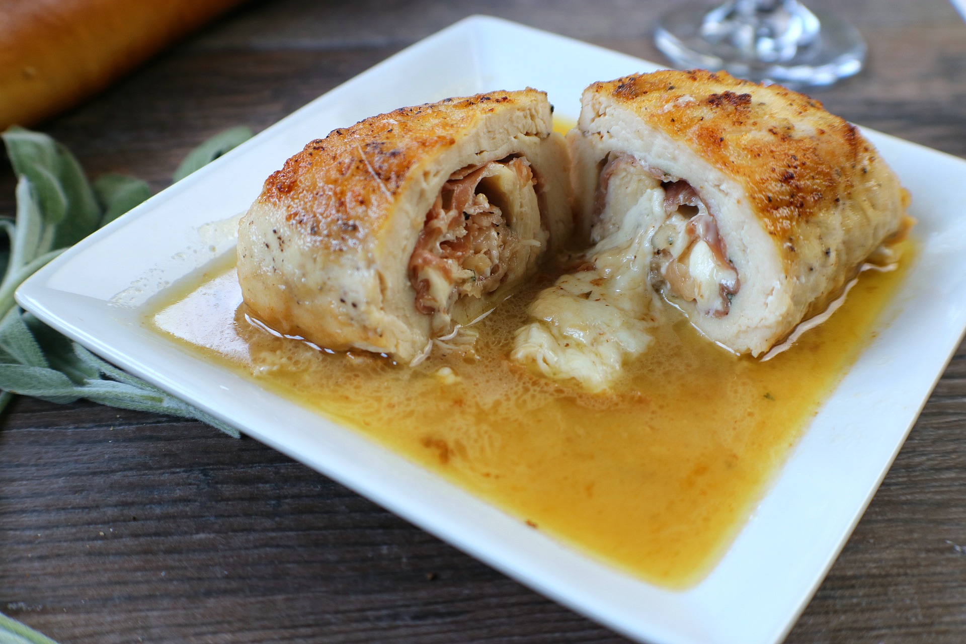 Rolled Chicken Saltimbocca in a white wine sauce